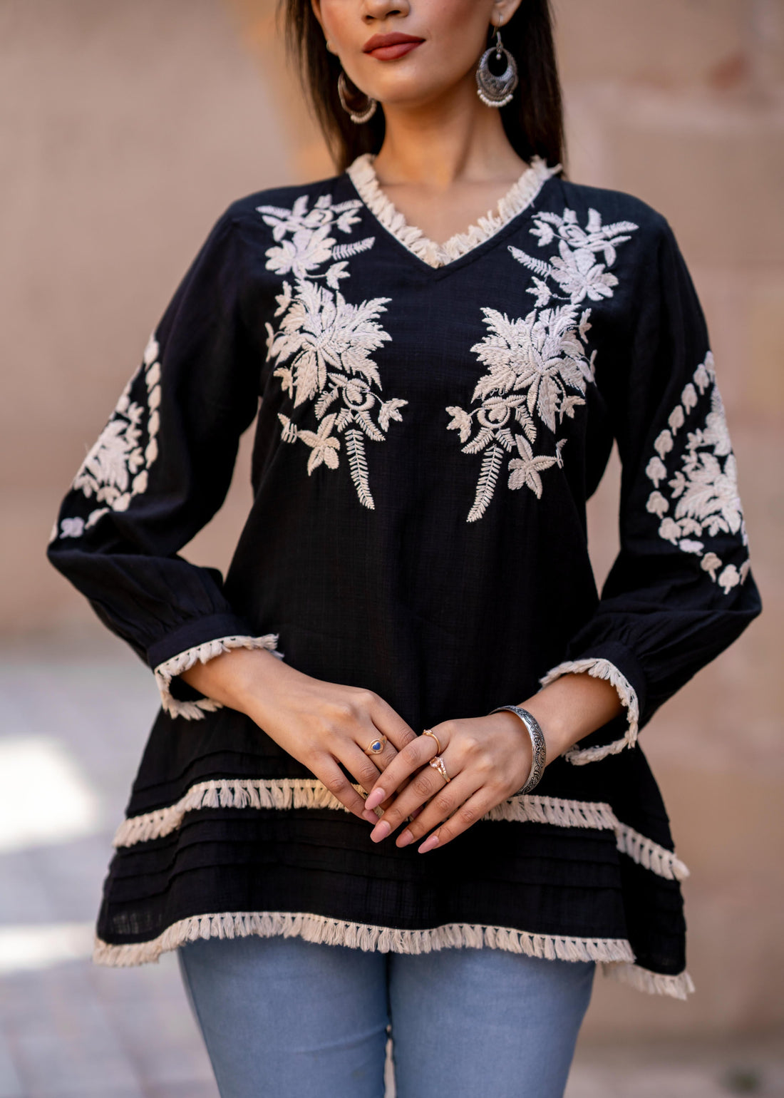 Midnight Bloom Embroidered Black Pure Cotton Top D6274