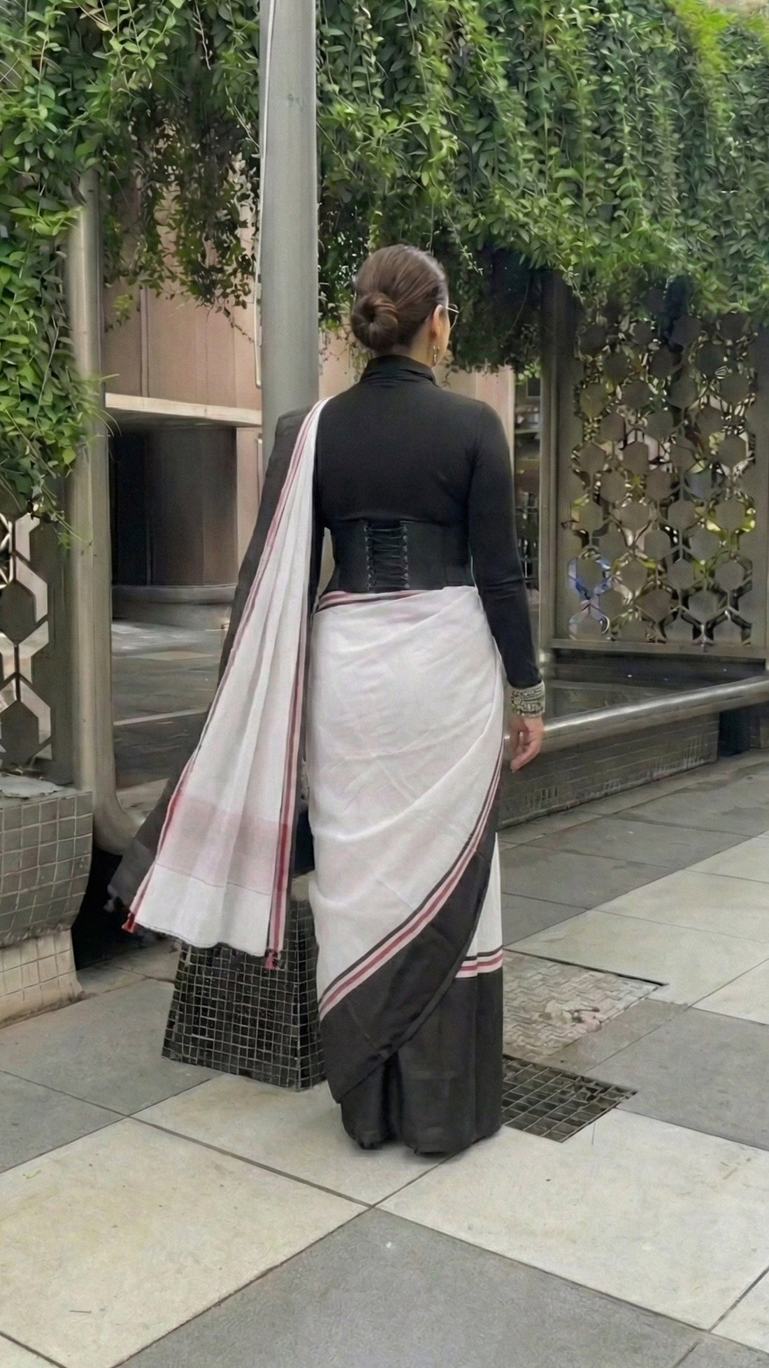 Modern Satin Silk Saree in Ivory & Black | Refined Statement Wear S16