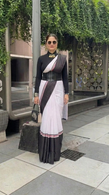 Modern Satin Silk Saree in Ivory & Black | Refined Statement Wear S16