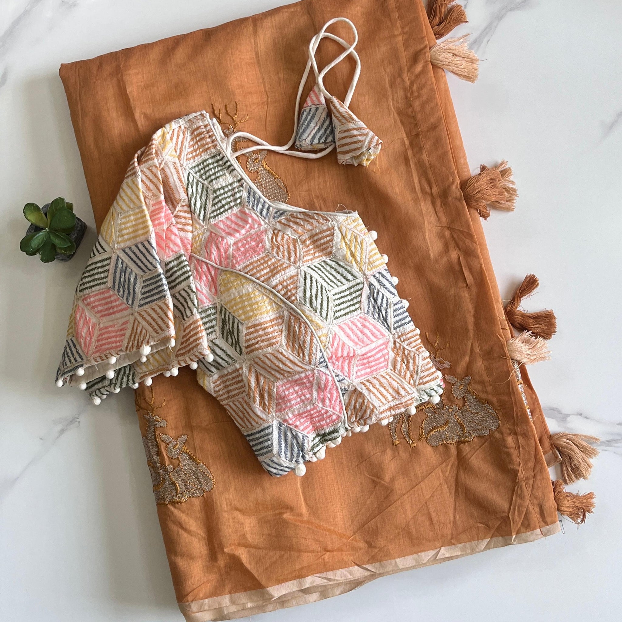 Mustard Chanderi Deer Embroidered Saree with Cotton Tassels S2510