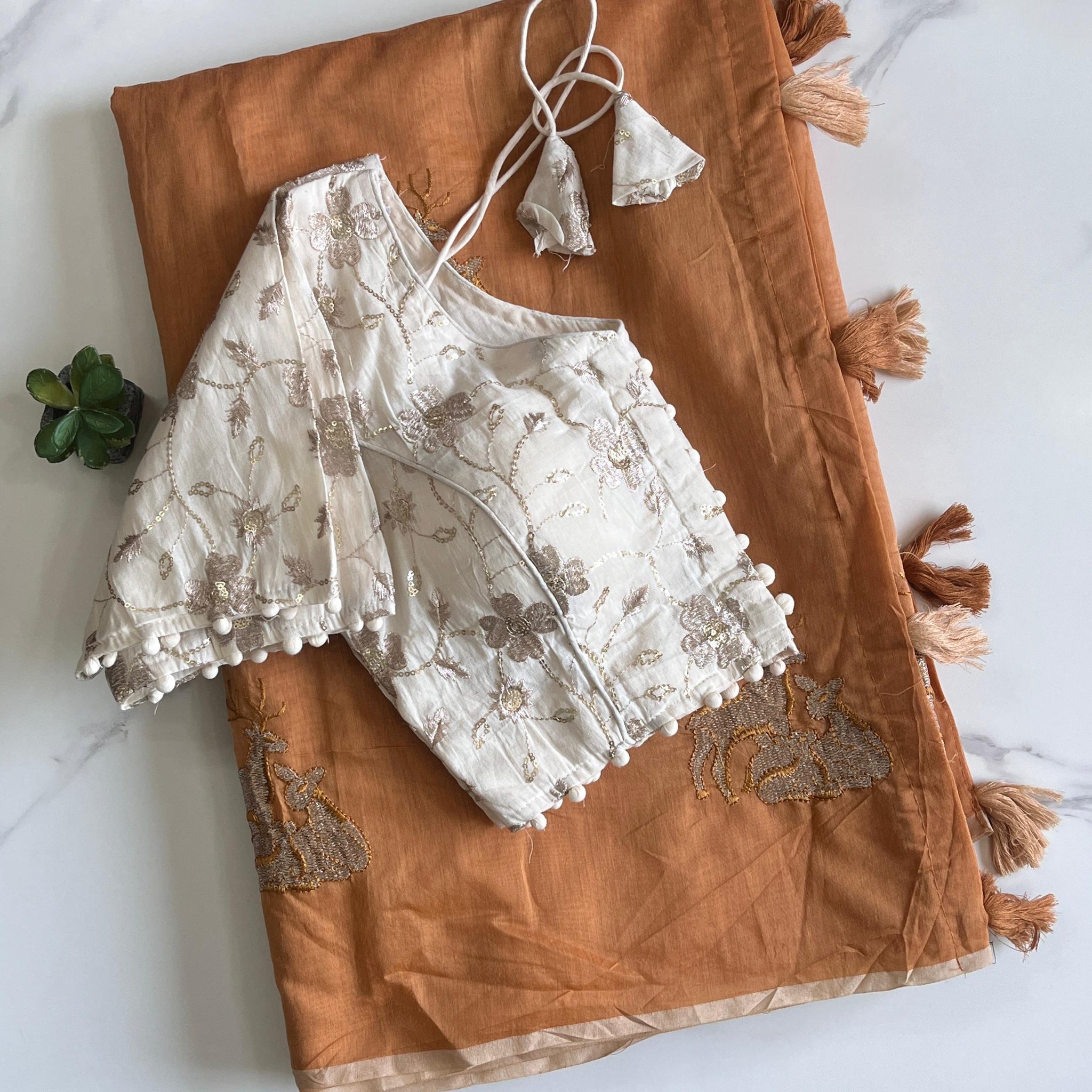 Mustard Chanderi Deer Embroidered Saree with Cotton Tassels S2511