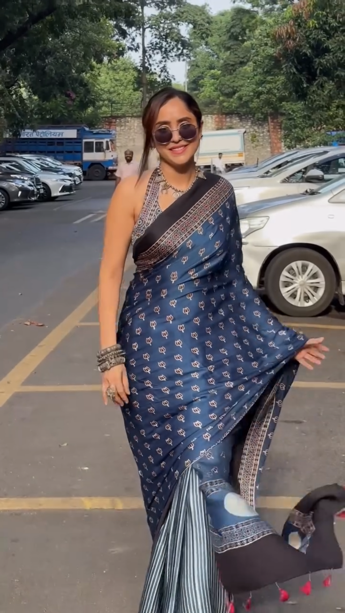 Navy Blue Ethnic Printed Georgette Saree for Festive & Party Wear S17