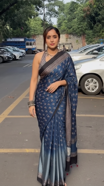 Navy Blue Ethnic Printed Georgette Saree for Festive & Party Wear S17