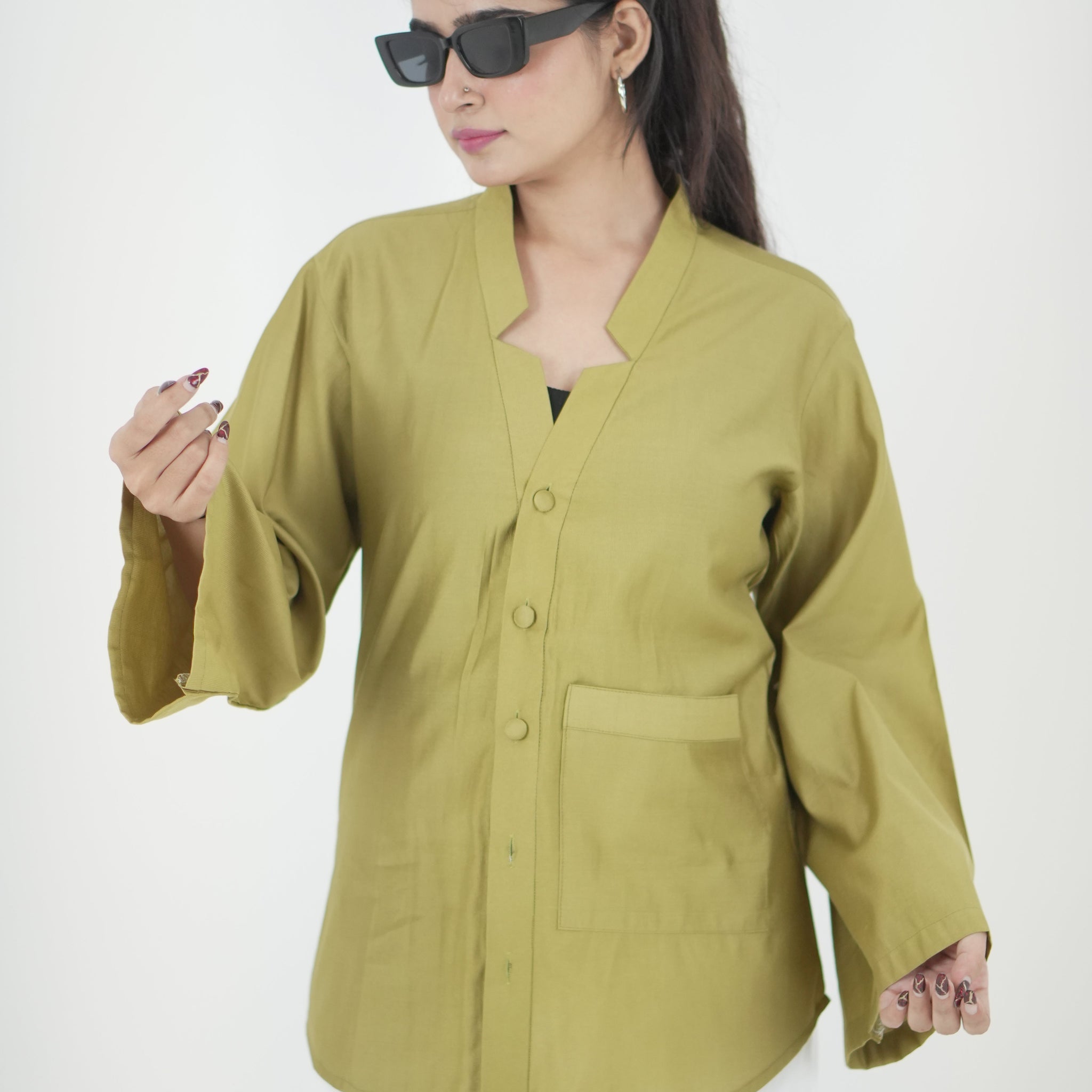 Olive Green Casual Shirt with Front Pocket D6294