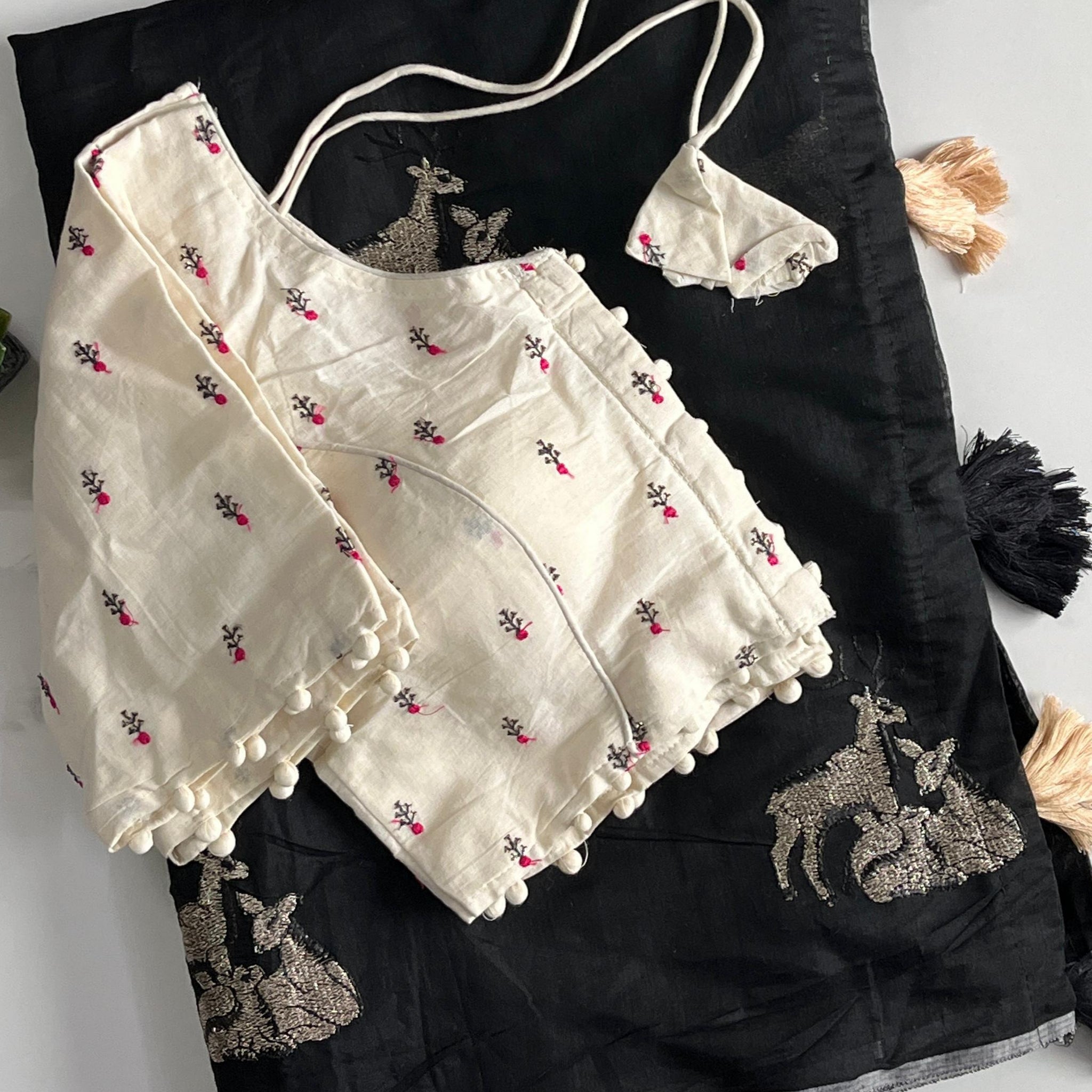 Black Chanderi Embroidered Saree with Cotton Tassels S2505