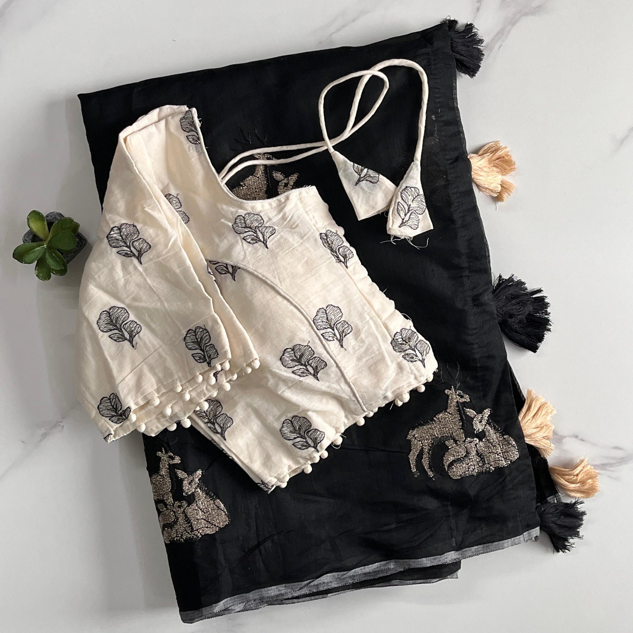 Premium Chanderi Saree with All-Over Deer Embroidery & Cotton Tassels S2503