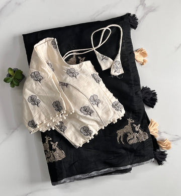 Premium Chanderi Saree with All-Over Deer Embroidery & Cotton Tassels S2503