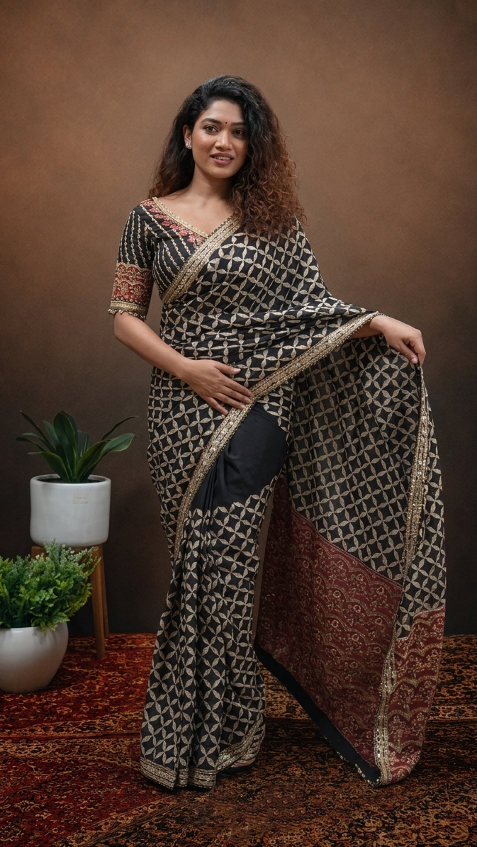 Party Wear Soft Chinon Silk Saree with Floral Print & Mirror Work RV-S29