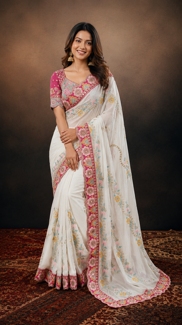 Party Wear White Rangoli Silk Saree with Multicolor Thread Embroidery and Sequins Work RV-S24