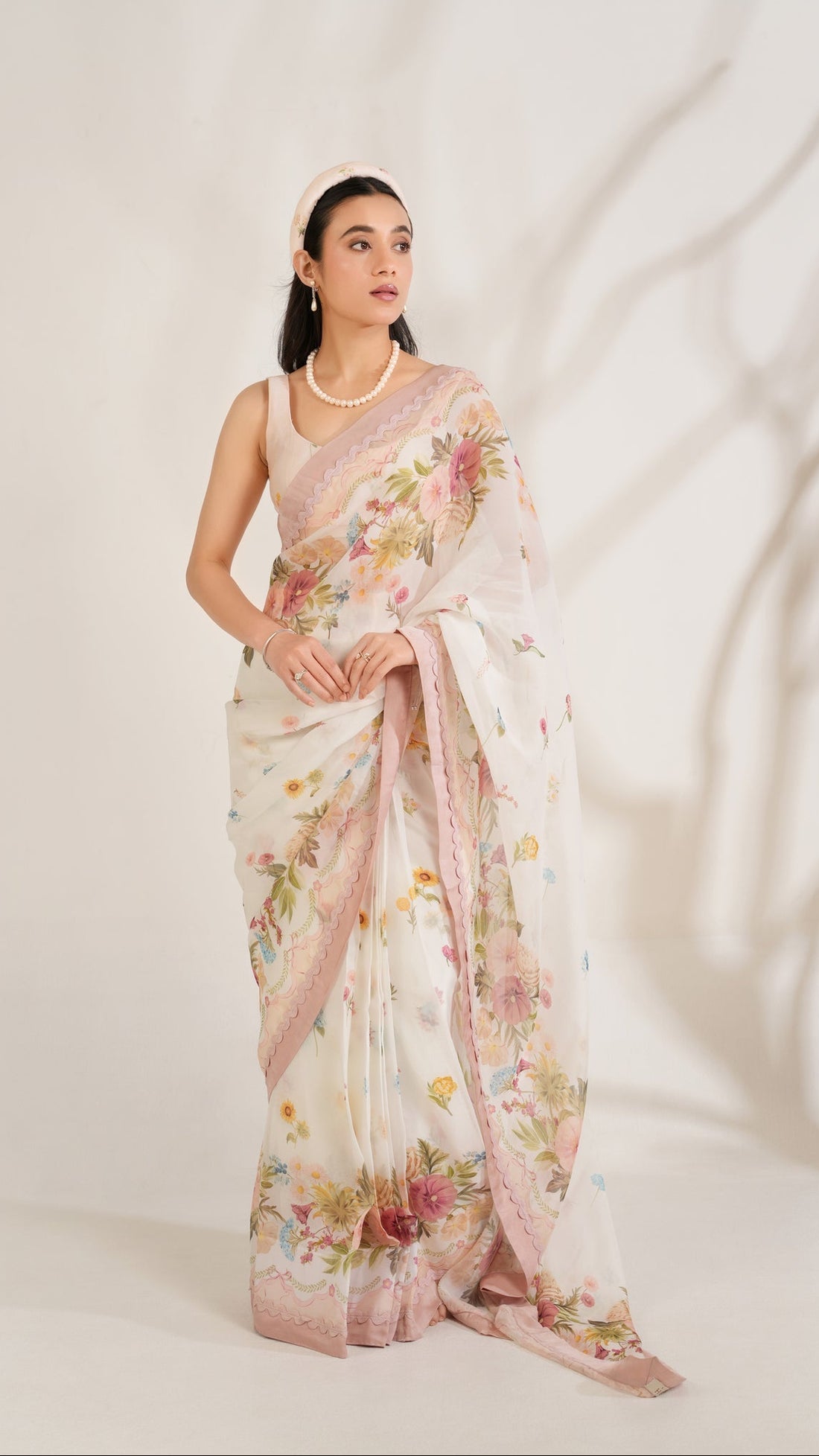 Pastel Bloom Luxury Printed Saree with Artistic Florals S34