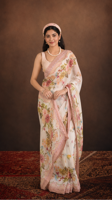 Pastel Bloom Luxury Printed Saree with Artistic Florals S34