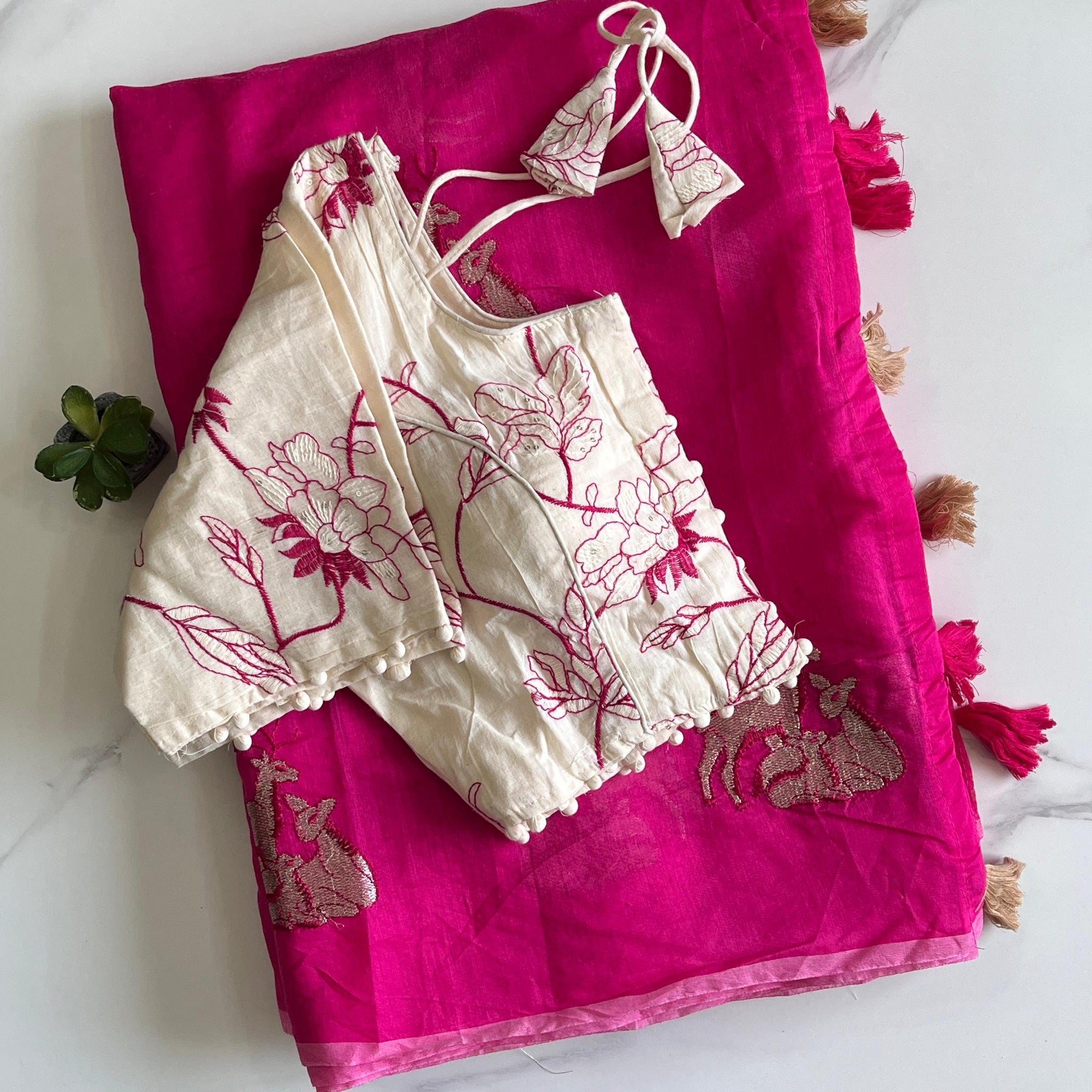 Pink Chanderi Embroidered Saree with Cotton Tassels S2507