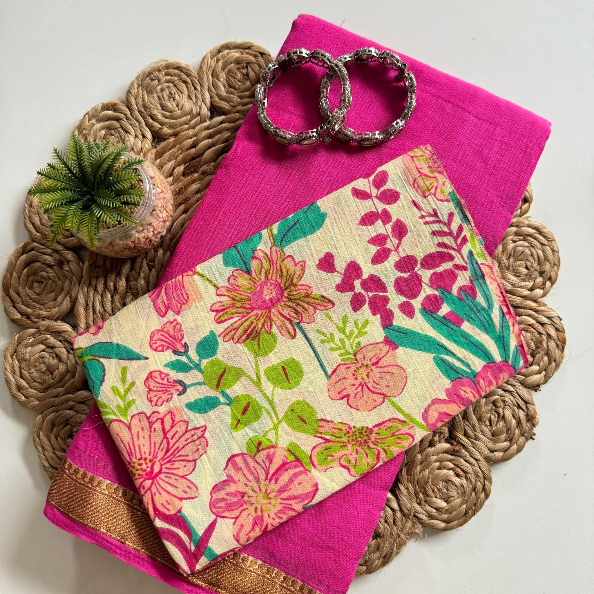 Pink Mul Cotton Saree with Zari Border & Floral Printed Blouse S2343