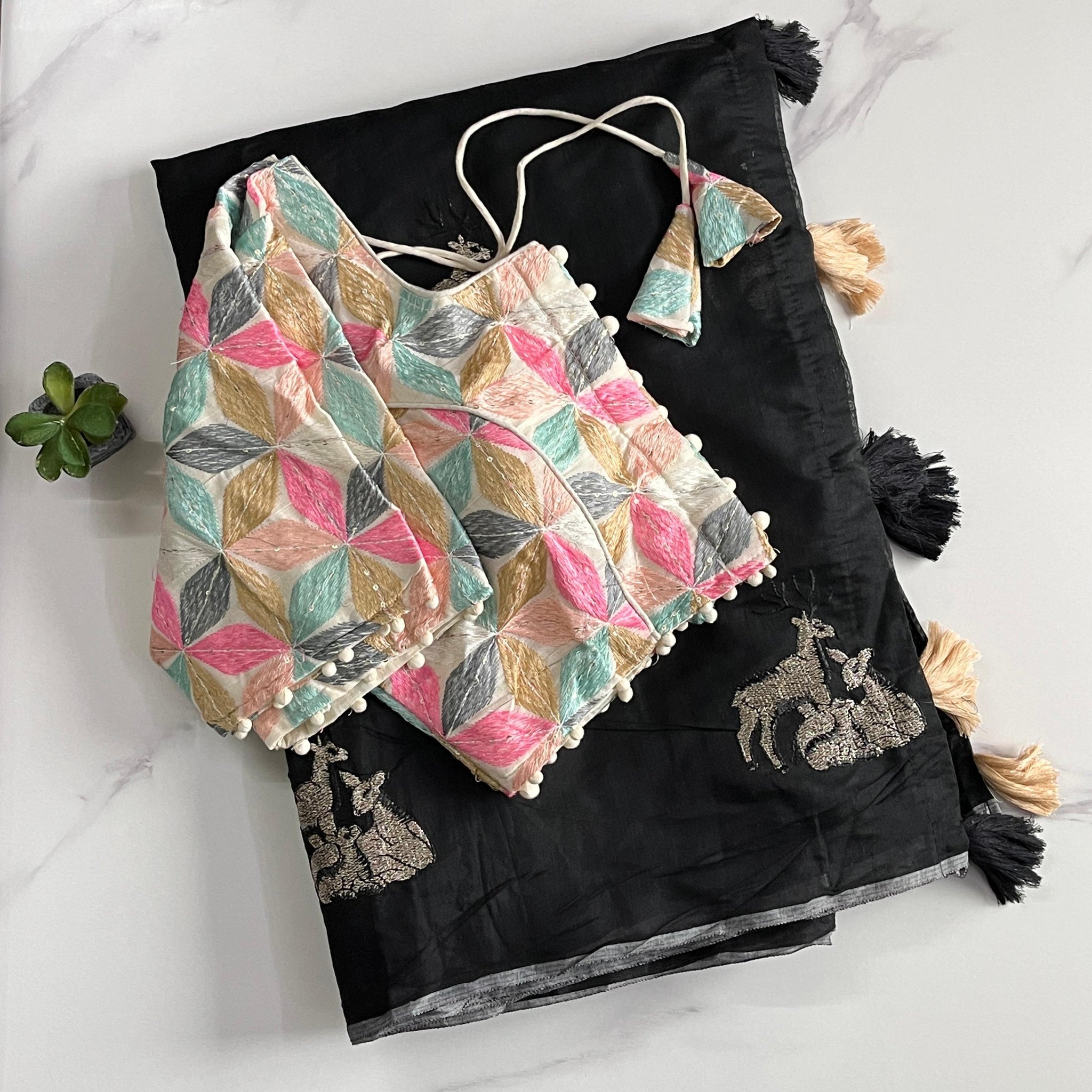 Premium Black Chanderi Embroidered Saree with Cotton Tassels S2504