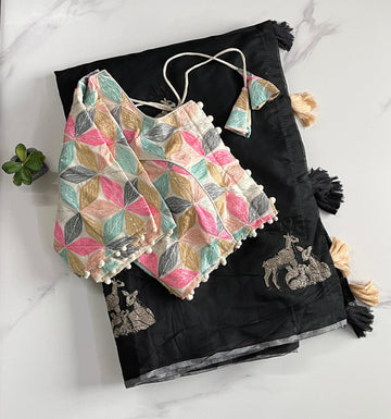 Premium Black Chanderi Embroidered Saree with Cotton Tassels S2504