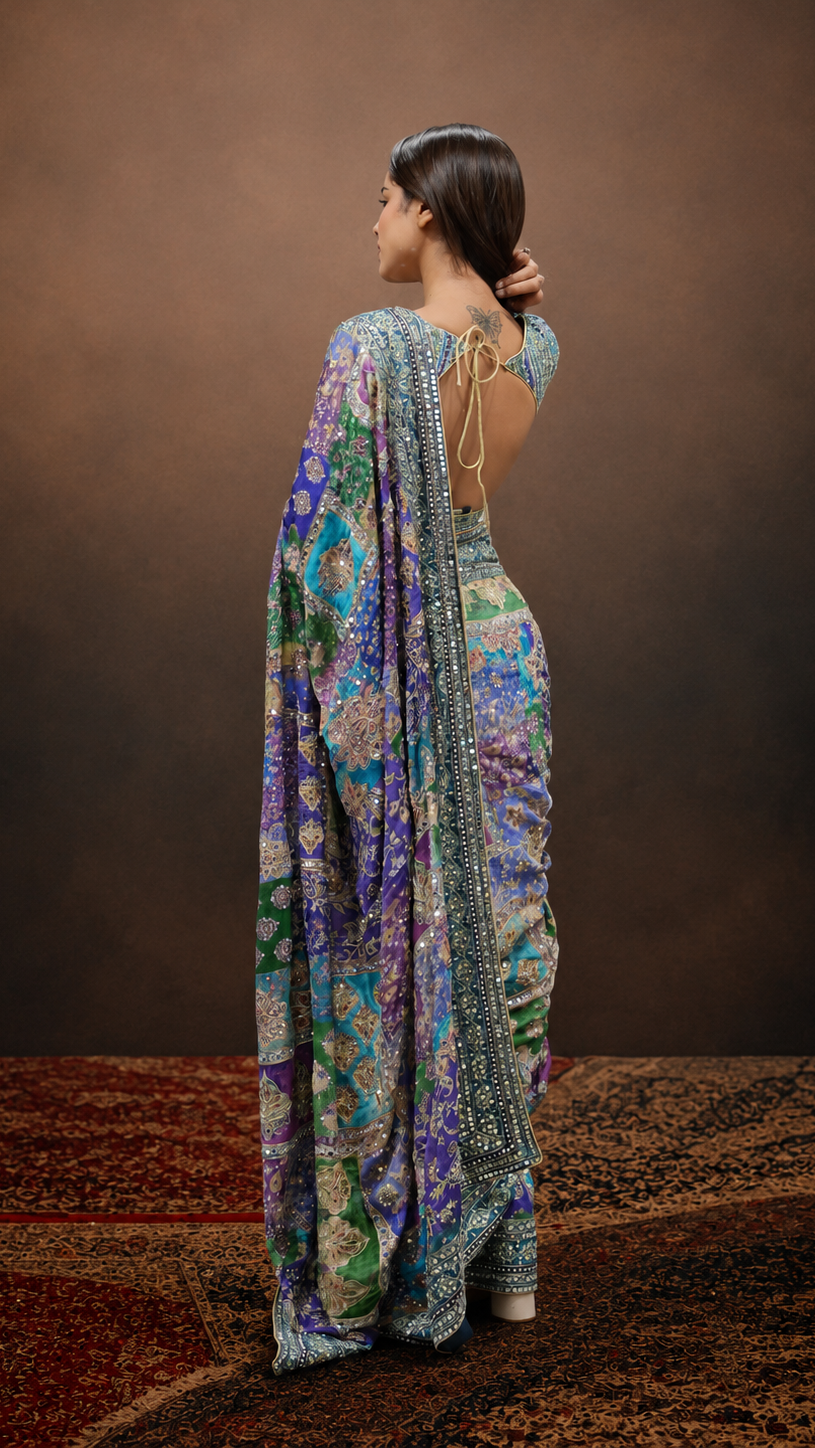Premium Chinon Silk Kalamkari Printed Saree with Intricate Hand Embroidery & Mirror Work RV-S21