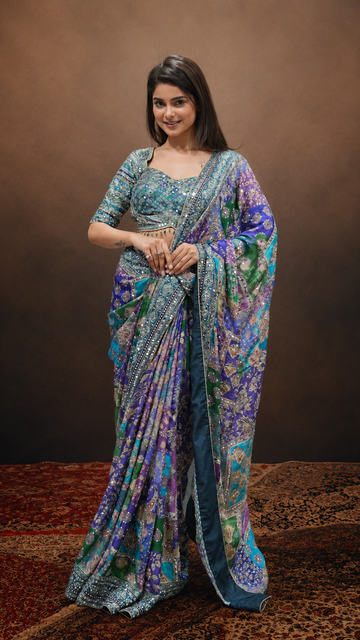 Premium Chinon Silk Kalamkari Printed Saree with Intricate Hand Embroidery & Mirror Work RV-S21