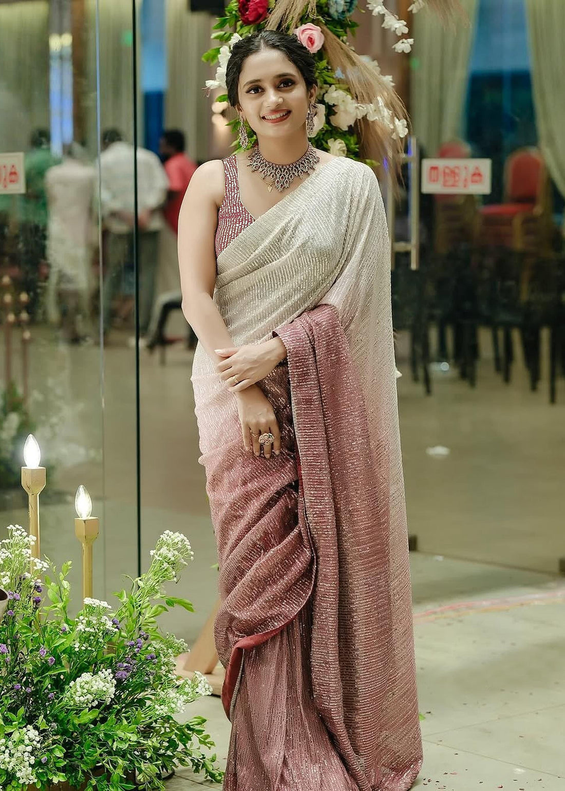 Premium Georgette Printed Saree Rainbow Sequin Embroidery Saree VT-3454