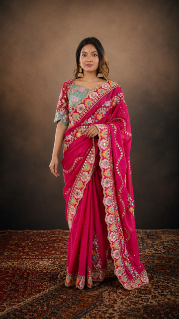 Premium Rangoli Silk Cherry Red Saree with Malti Thread Embroidery, Sequins & Mirror Work RV-S23