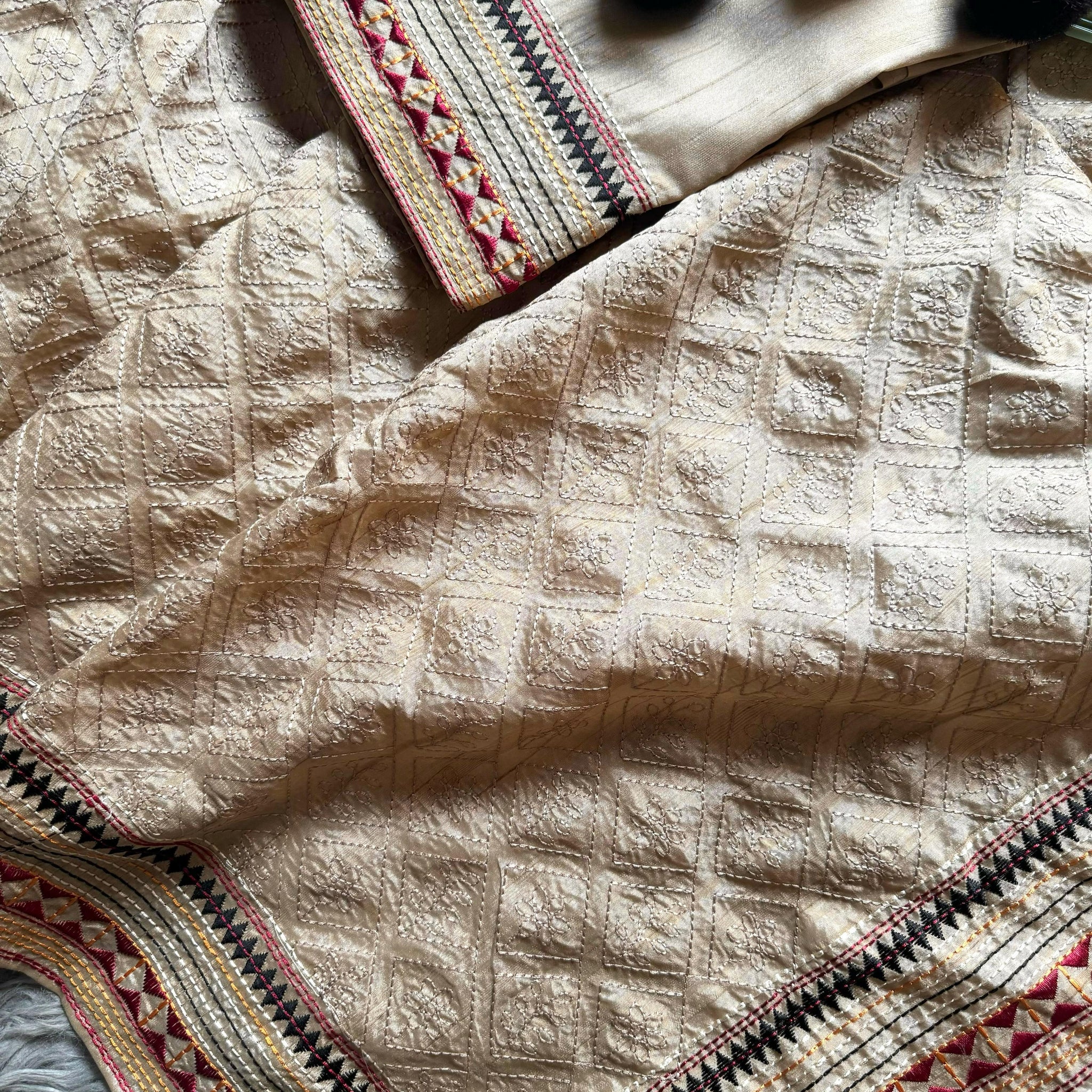 Premium Soft Tussar Silk Saree with Elegant Multicolor Kantha Work VT-1216