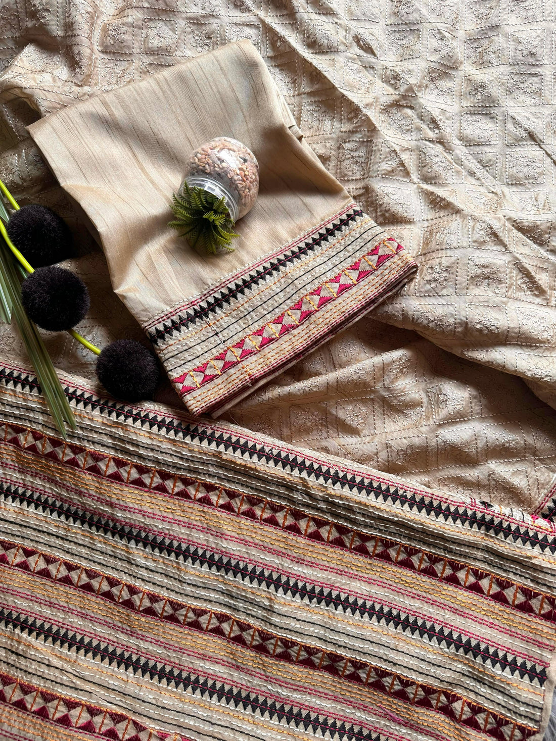 Premium Soft Tussar Silk Saree with Elegant Multicolor Kantha Work VT-1216