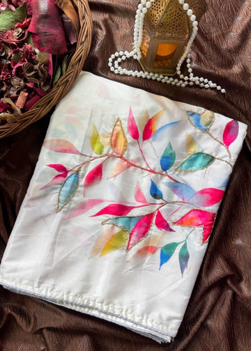 Pure Crepe Satin Silk Saree with Digital Print & Cutdana Handwork S2347