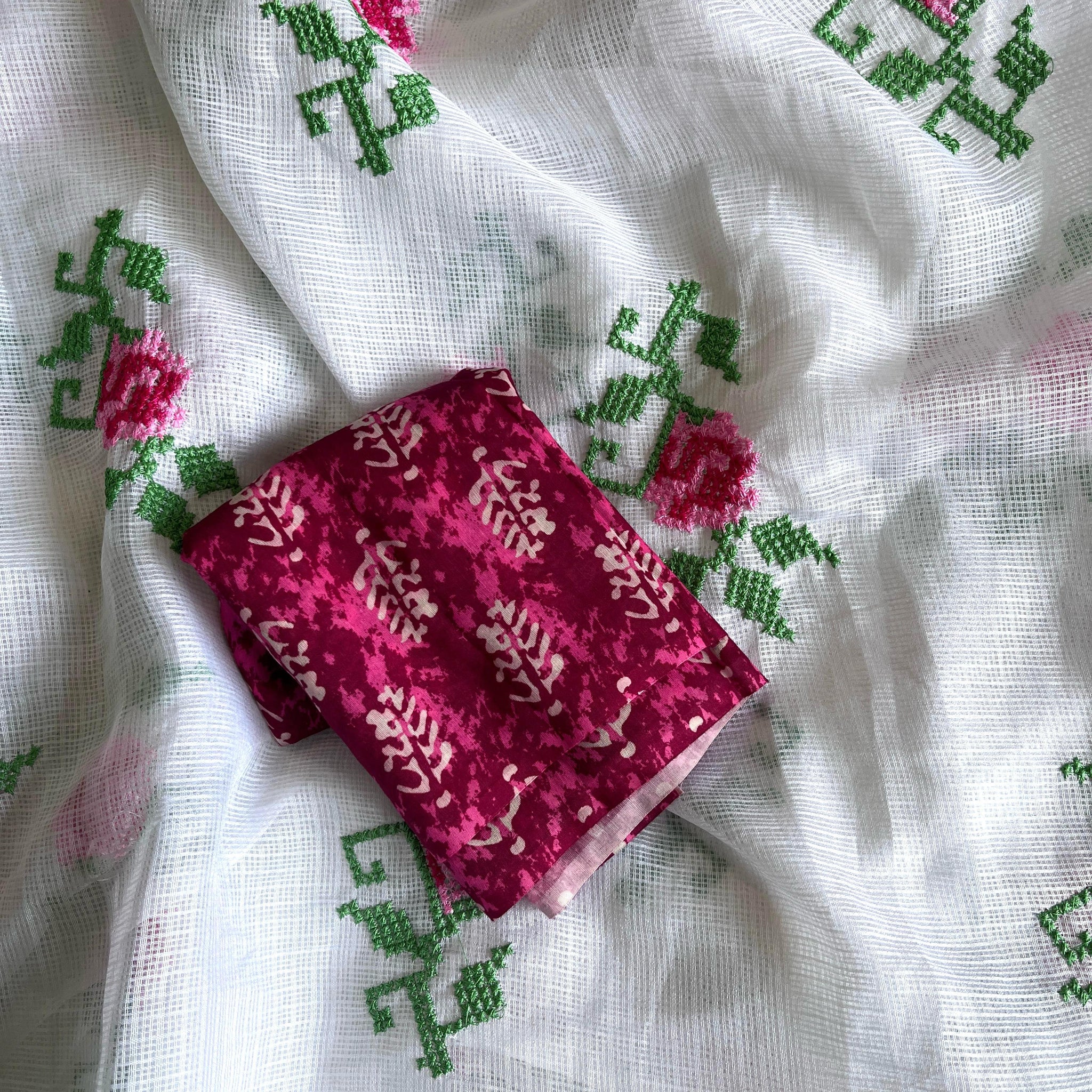 Pure Kota Doriya Cross-Stitch Thread Saree with Printed Blouse VT-KOTA-FLOWER