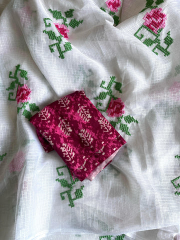 Pure Kota Doriya Cross-Stitch Thread Saree with Printed Blouse VT-KOTA-FLOWER