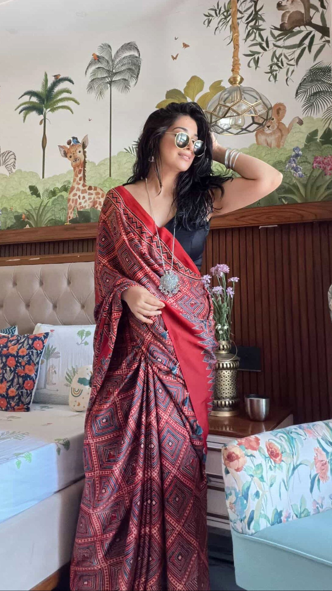 Red & Black Ajrakh Printed Silk Saree with Geometric Design S31