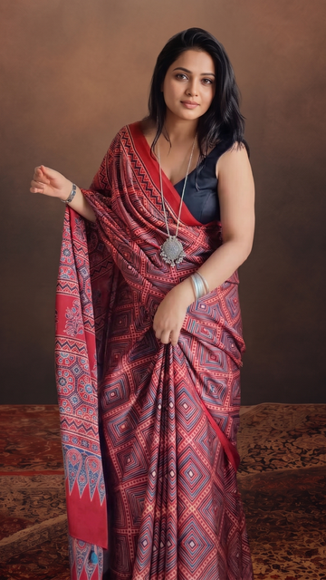 Red & Black Ajrakh Printed Silk Saree with Geometric Design S31