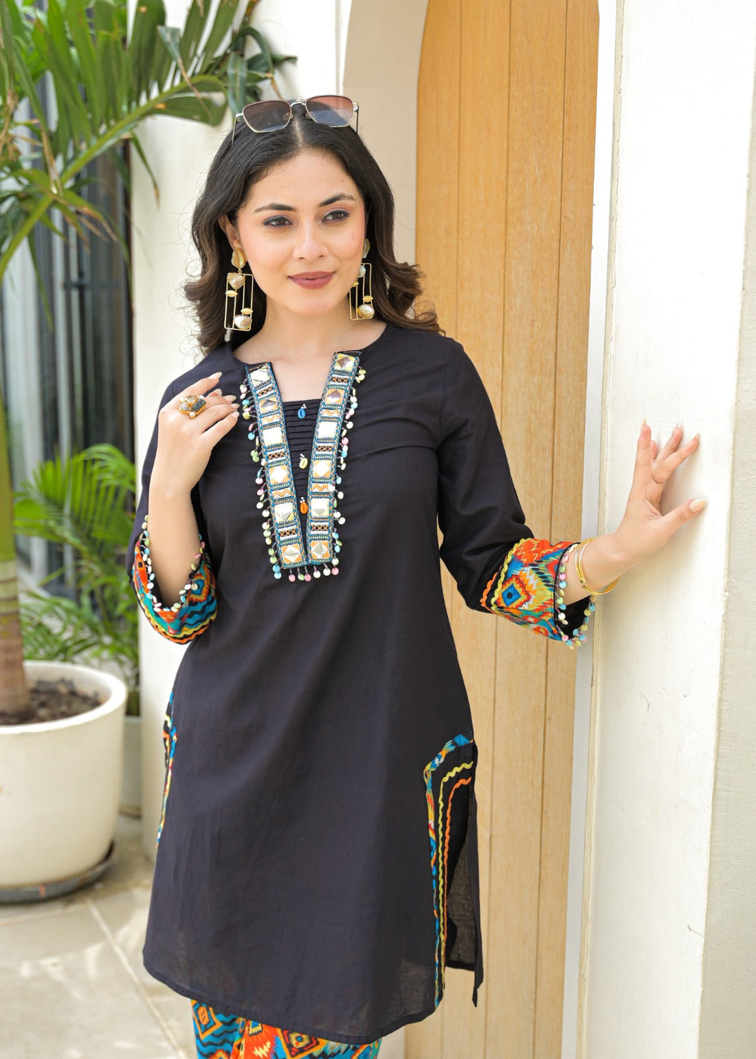 Attractive Roman Silk Co-ord Set with Embroidered Neckline & Jacquard Bottom D6262