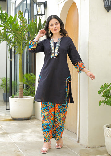 Attractive Roman Silk Co-ord Set with Embroidered Neckline & Jacquard Bottom D6262