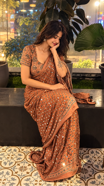 Rust Orange Printed Silk Saree with Mirror Work & Traditional Border S36