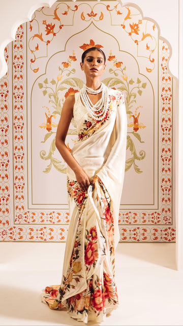 Signature Ivory Satin Silk Saree Adorned with Floral Elegance S9