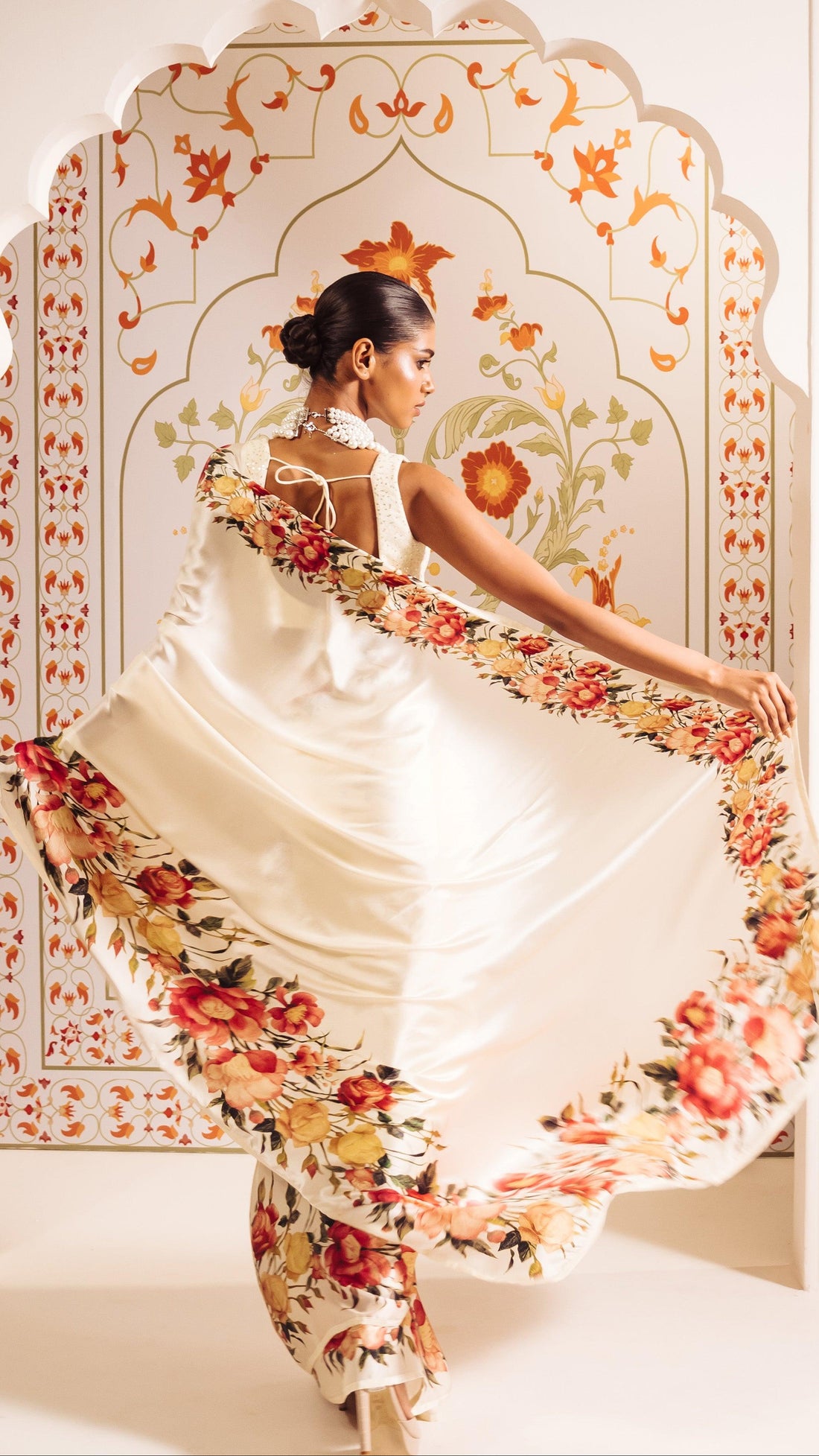 Signature Ivory Satin Silk Saree Adorned with Floral Elegance S9