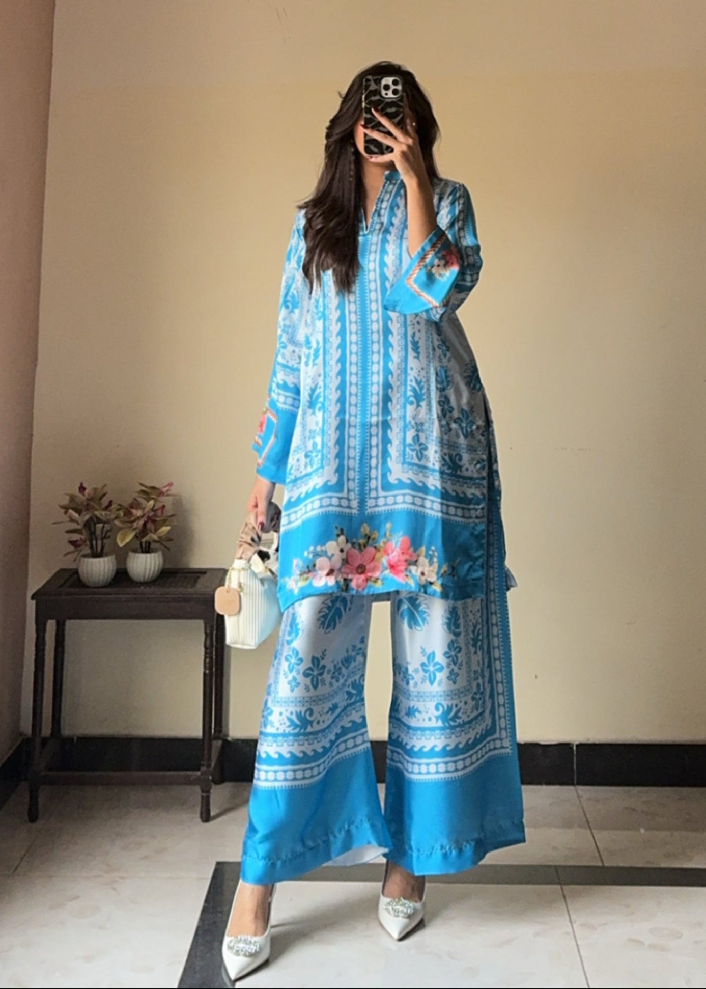 Blue Casual Printed Armani Satin Top and Pants Set D6062