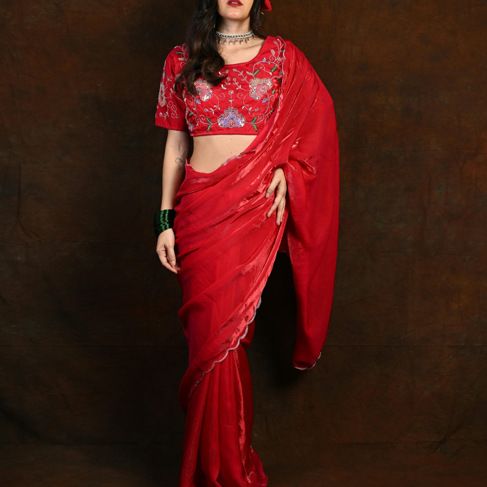 Space Silk Saree with Handwork and Embroidered Space Silk Blouse (Unstitched) S2008