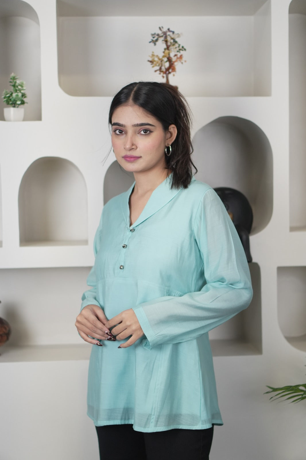 Stylish Teal Chanderi Silk Blend Kurti-Style Top D6279