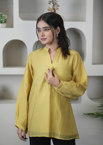 Stylish Yellow Mul Chanderi Long Sleeve Top for Women D6277