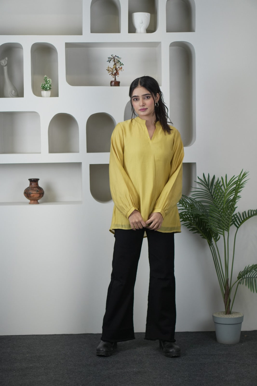 Stylish Yellow Mul Chanderi Long Sleeve Top for Women D6277