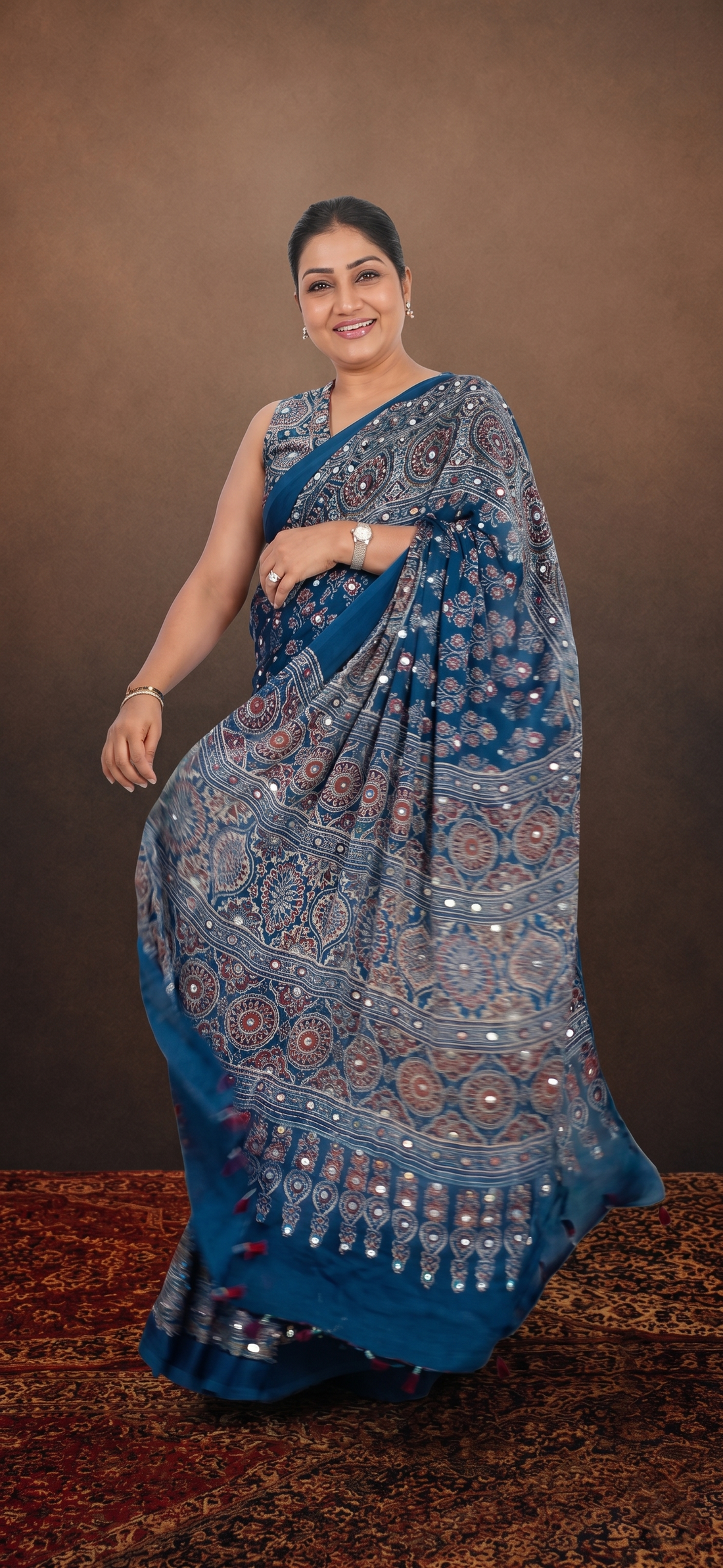 Traditional Ajrakh Inspired Moss Crepe Saree with Mirror Accents S28