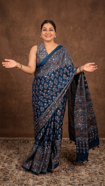 Traditional Ajrakh Inspired Moss Crepe Saree with Mirror Accents S28