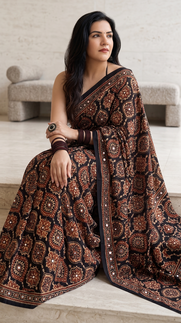 Traditional Ajrakh Print Moss Crepe Saree with Authentic Mirror Work S19