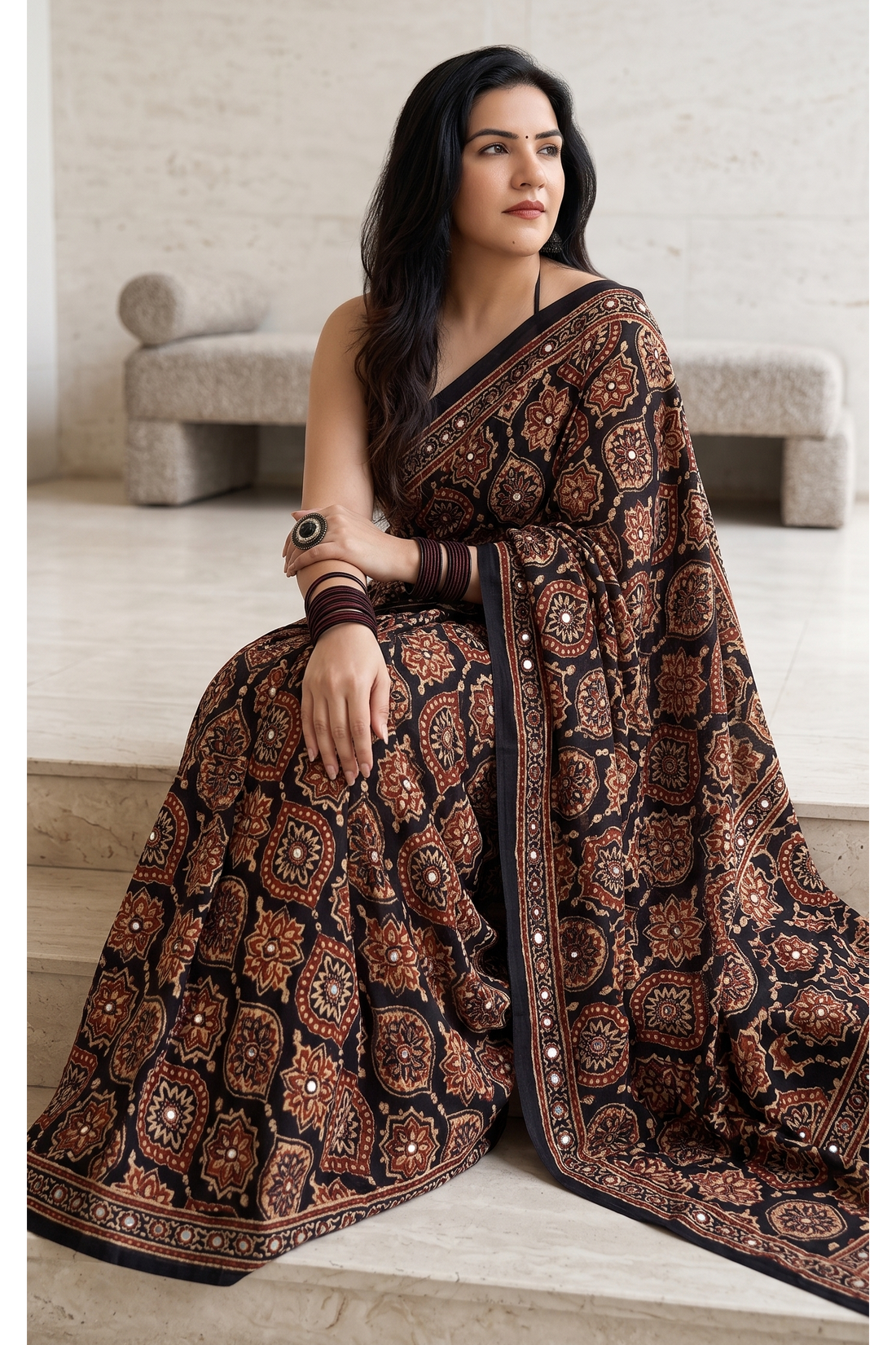 Traditional Ajrakh Print Moss Crepe Saree with Authentic Mirror Work S19