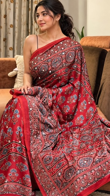 Red Printed Silk Saree with Mirror Work | Traditional Printed Saree for Women S37