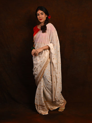 Front view of the Viscose Georgette Saree paired with an embroidered silk blouse