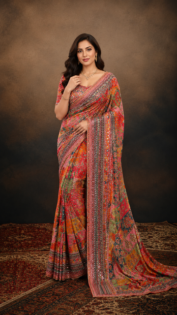 Wedding & Festive Wear Kalamkari Chinon Silk Saree with Mirror Work RV-S22