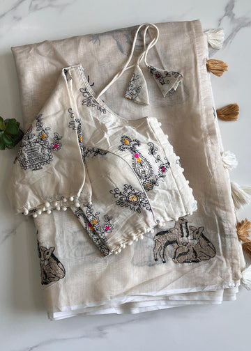 White Chanderi Deer Embroidered Saree with Cotton Tassels S2512
