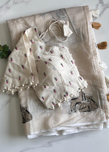 White Chanderi Deer Embroidered Saree with Cotton Tassels S2513
