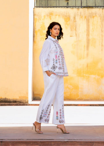 White Geometric Embroidered Cotton Co-ord Set D6272